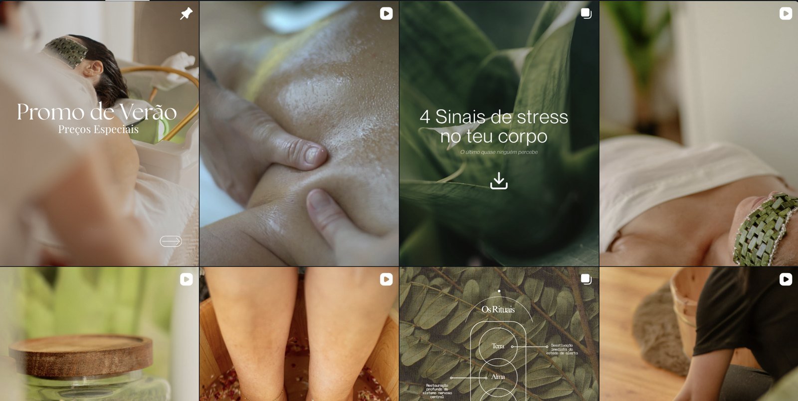 Grelha de Instagram de um espaço de bem-estar em Portugal, gerida pela V&M: reels, stories e conteúdo educativo