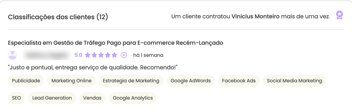 Avaliação de 5 estrelas de um cliente na Workana