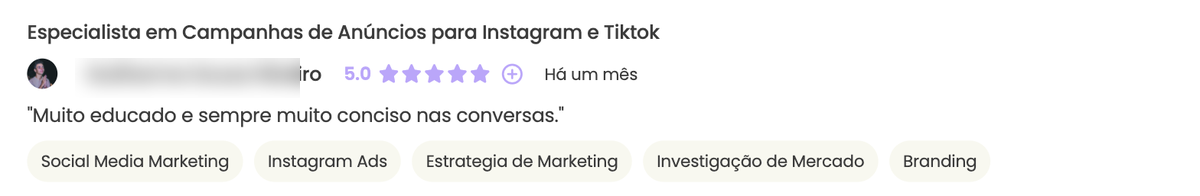 Avaliação de 5 estrelas de um cliente na Workana
